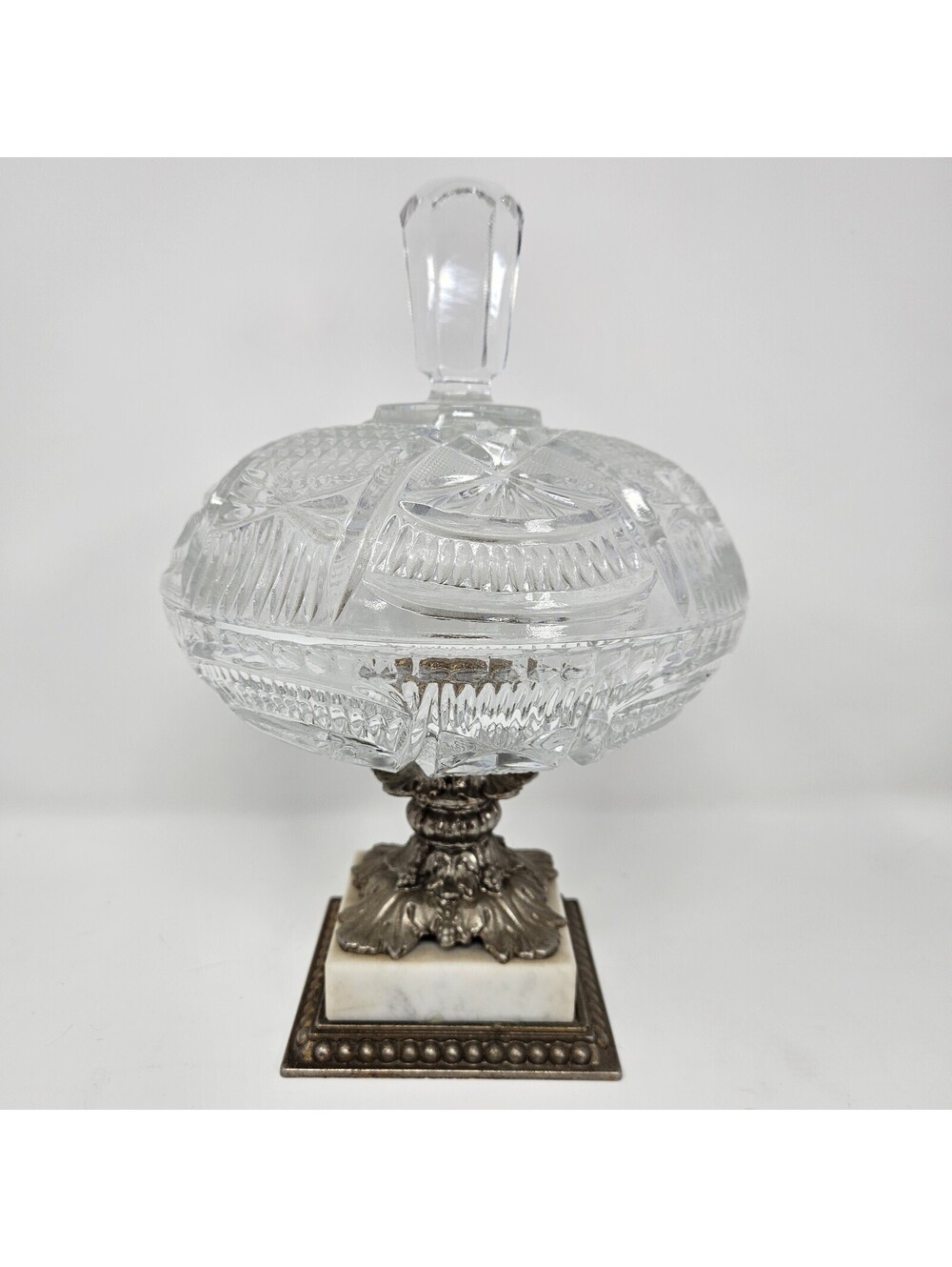 Vintage Hollywood Regency Crystal Compote Ornate Metal Base On Marble Plinth
